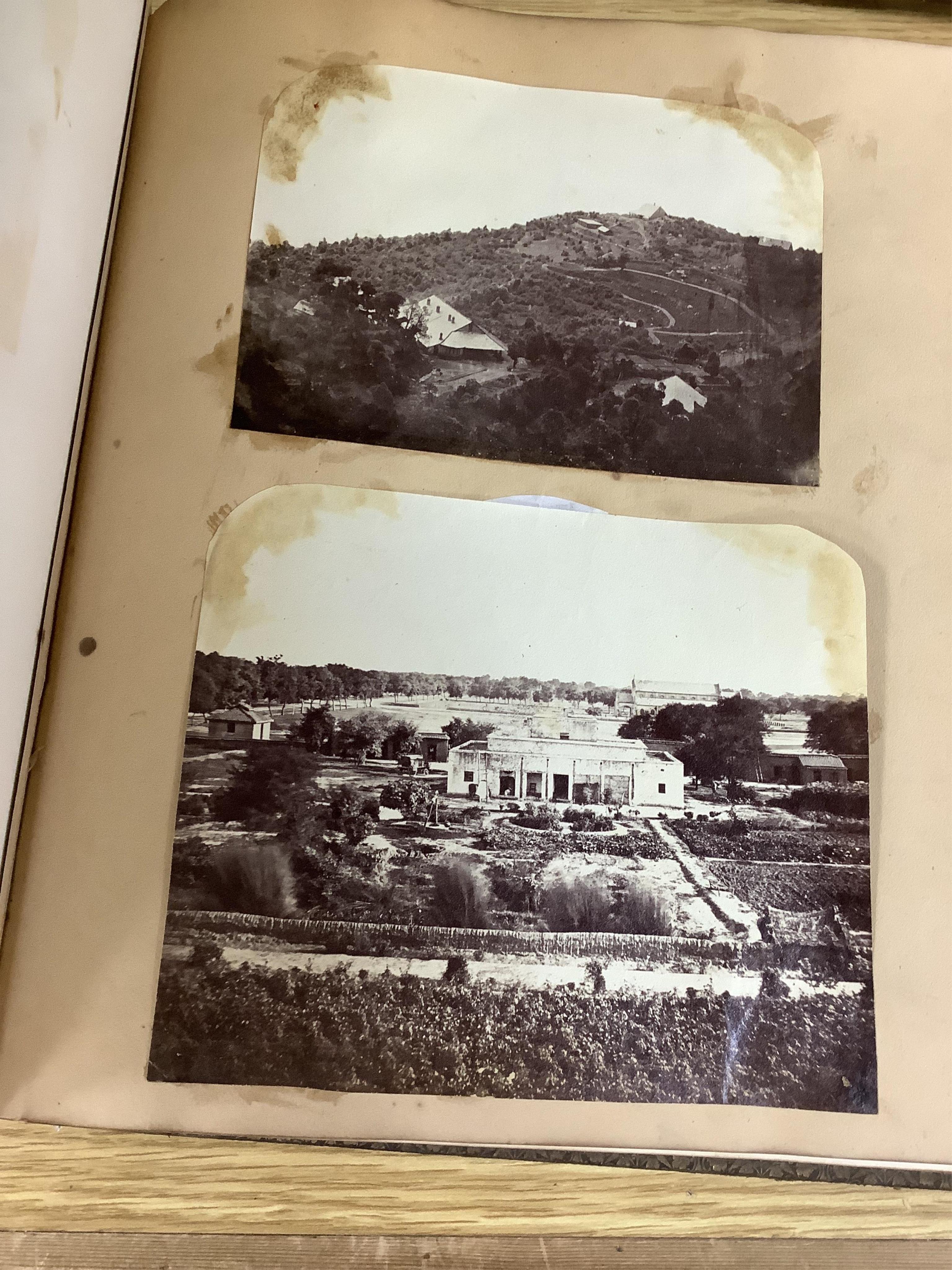 A Victorian photograph album; assorted portraits (many named) and views of India, many dated c.1860's. Condition - album spine torn, contents fair